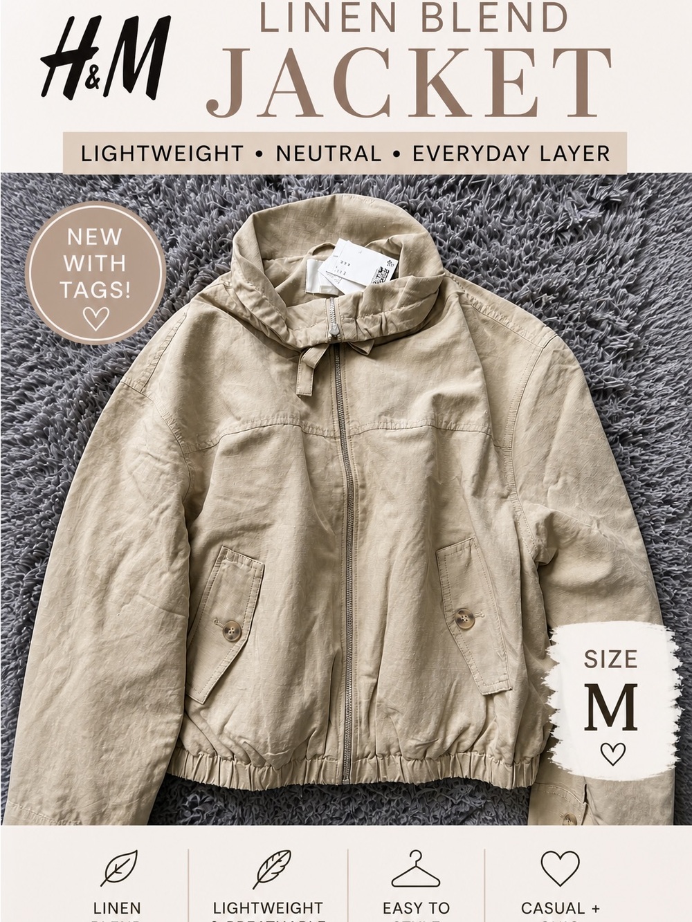H&M Beige Linen Blend Bomber Jacket Size M Lightweight Neutral Spring Jacket NWT